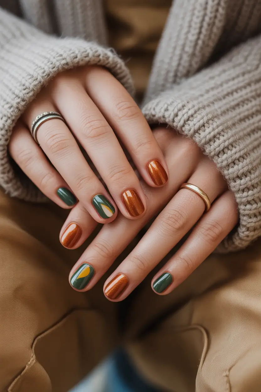 Stylish Spring Nails Simple 2026 Earthy Green and Copper Short Nails for Cozy Spring Days
