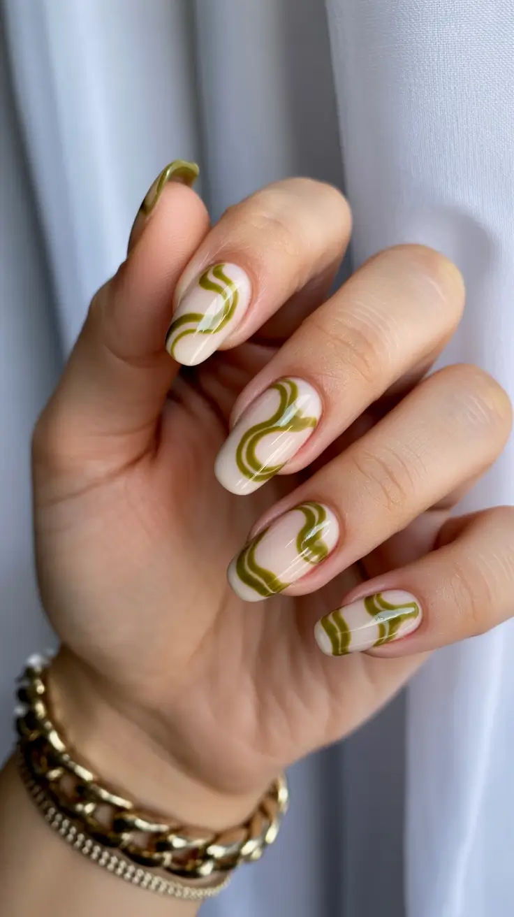 Stylish Spring Nails Simple 2026 Minimal Olive Swirls on Soft Nude Base