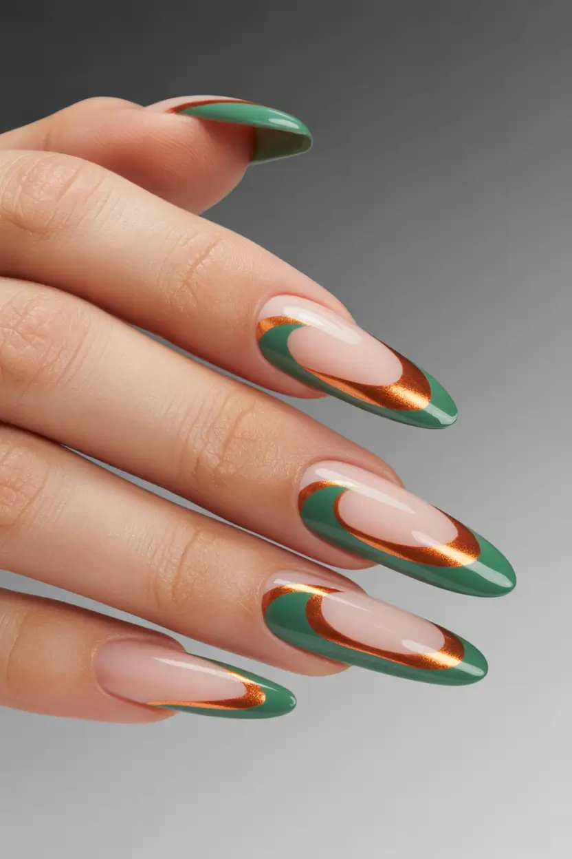 Stylish Spring Nails Simple 2026 Green and Copper French Almond with Metallic Accents