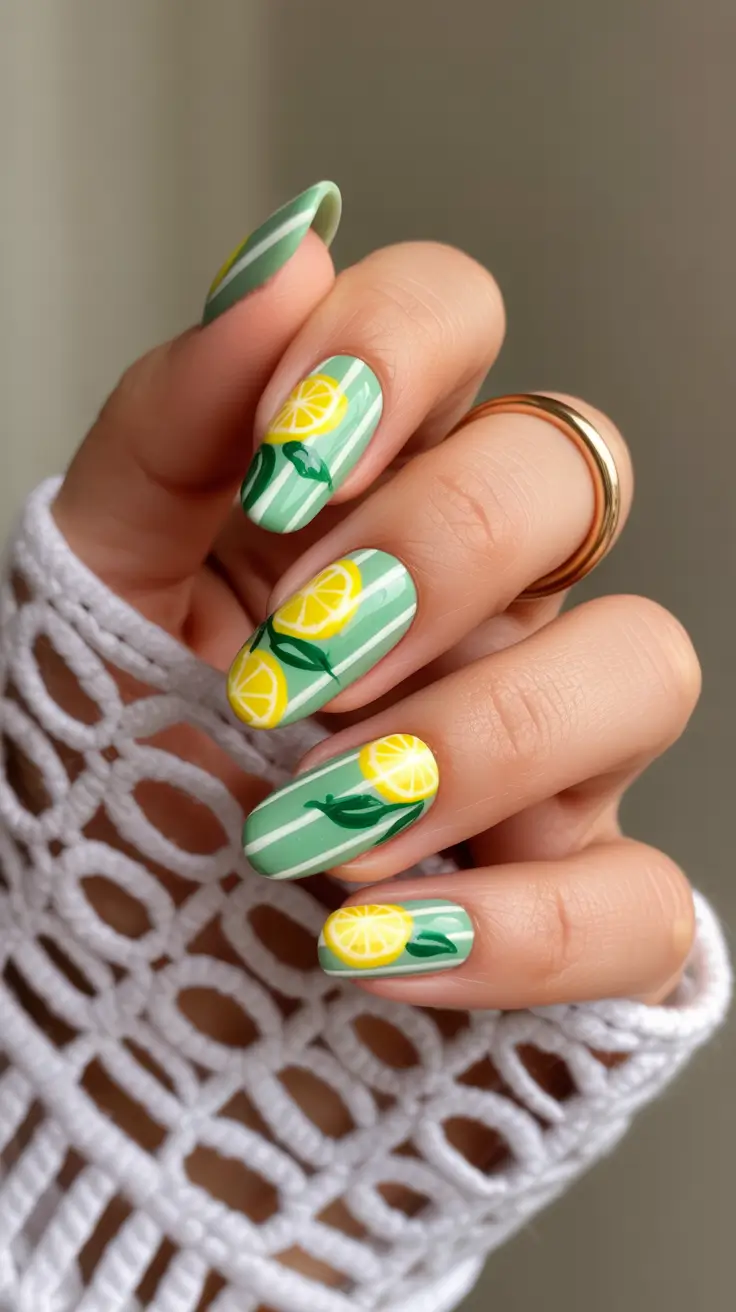 Stylish Spring Nails Simple 2026 Fresh Lemon Art on Soft Green Striped Nails