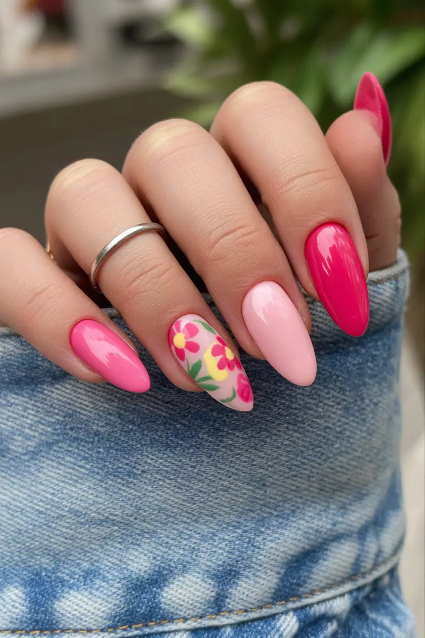 spring nails simple 2026 Pink Florals with Soft Almond Shape