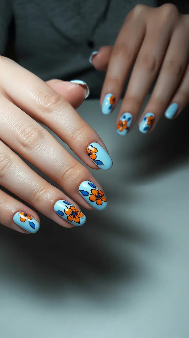 spring nails simple 2026 Sky Blue with Graphic Floral Accents