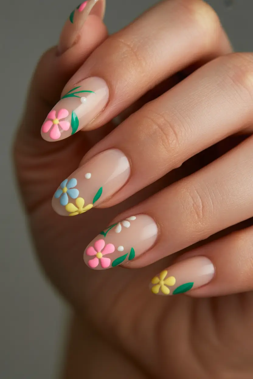 Stylish Spring Nails Simple 2026 Soft Floral Garden on Natural Almond Nails