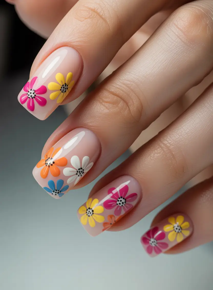 spring nails simple 2026 Colorful Daisies on Natural Nude Base