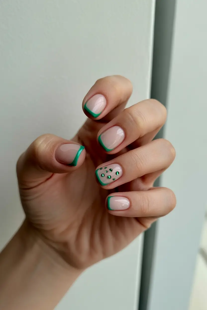 spring nails simple 2026 Green French Tips with Subtle Sparkle