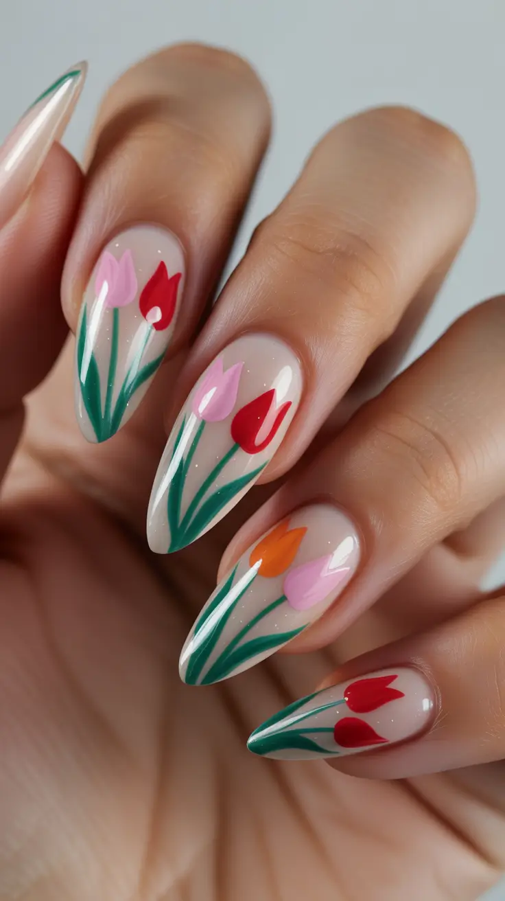 Stylish Spring Nails Simple 2026 Minimal Tulip Art for Fresh Spring Energy