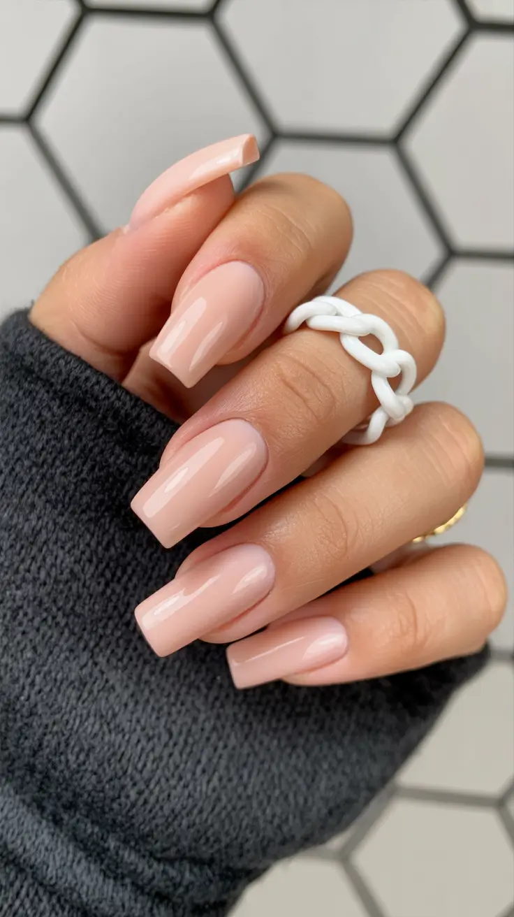Stylish Spring Nails Simple 2026 Glossy Nude Square Nails for Everyday Elegance