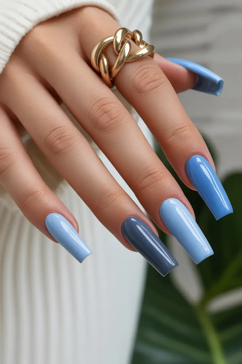 Stylish Spring Nails Simple 2026 Cool Blue Coffin Nails with Modern Gloss Finish