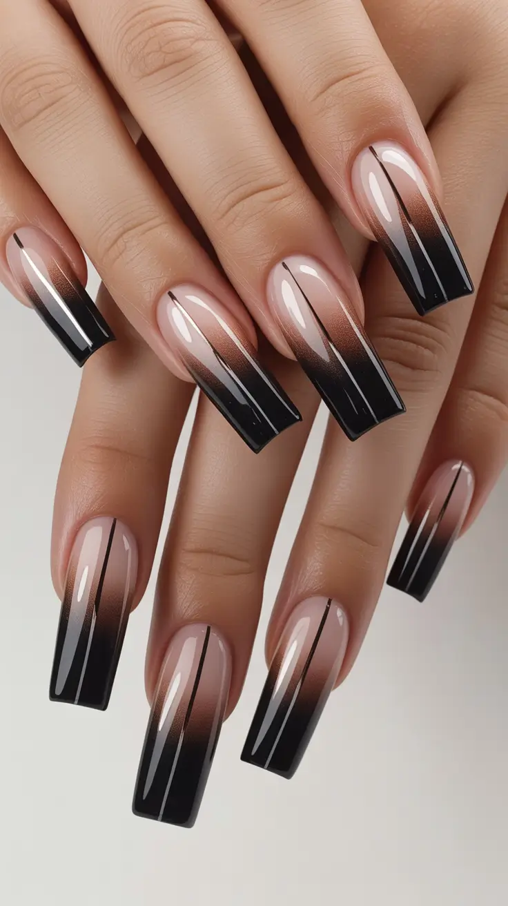 Stylish Spring Nails Simple 2026 Smoky Black Ombre with Sleek Vertical Lines