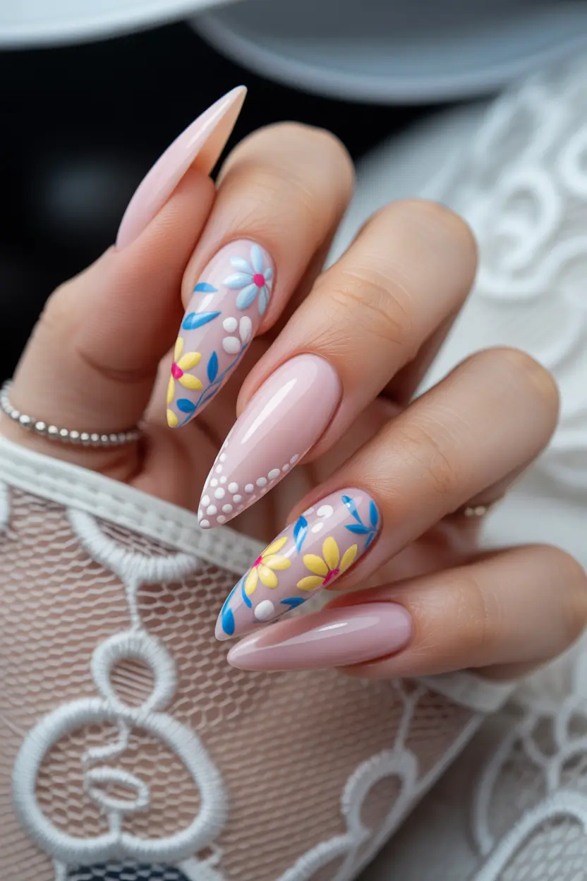Stylish Spring Nails Simple 2026 Romantic Pastel Florals with Pearly Accents