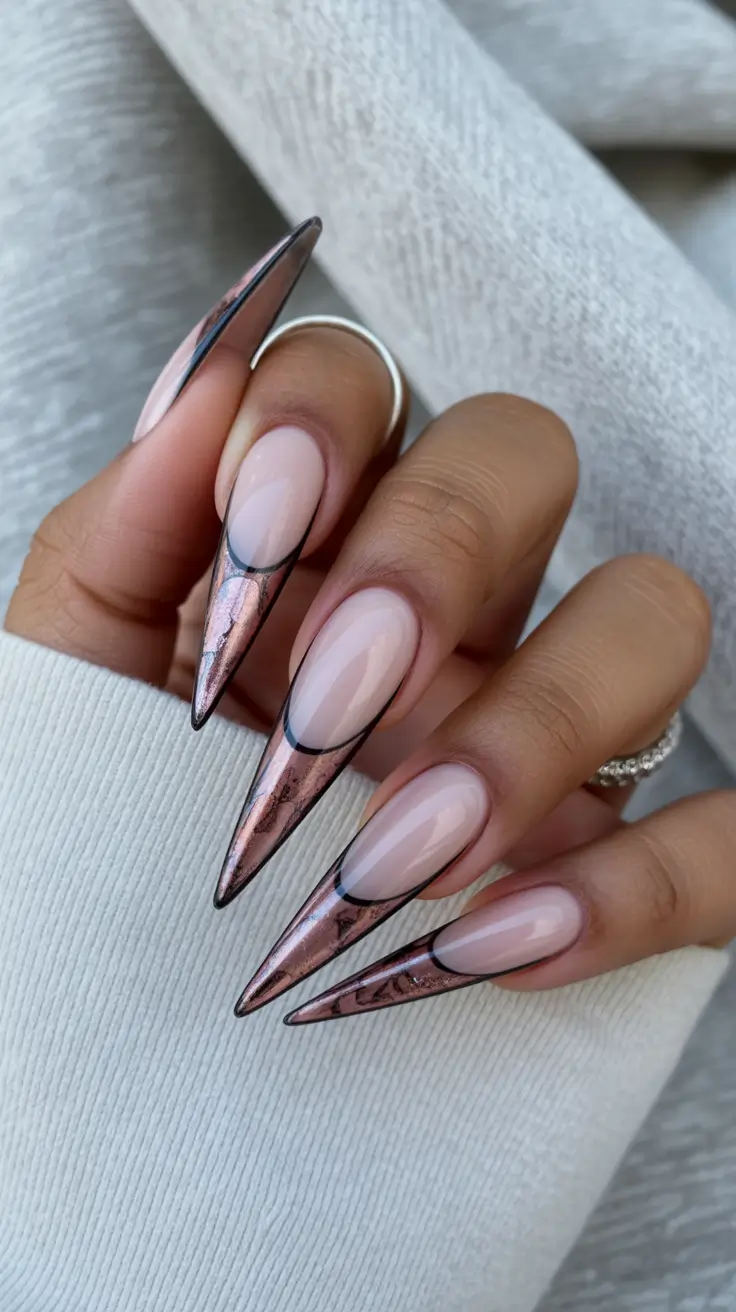 Stylish Spring Stiletto Nails 2026 Soft Pink Metallic French