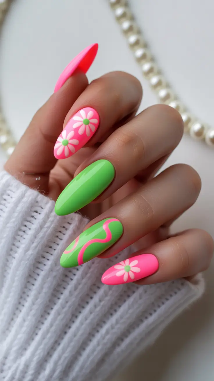 Stylish Spring Stiletto Nails 2026 Neon Pink Green Floral