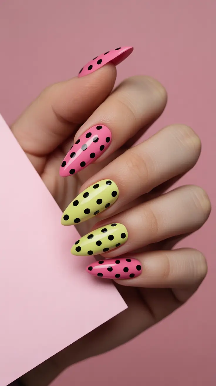Stylish Spring Stiletto Nails 2026 Pink Yellow Polka Dot