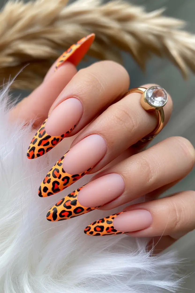 Stylish Spring Stiletto Nails 2026 Orange Leopard French