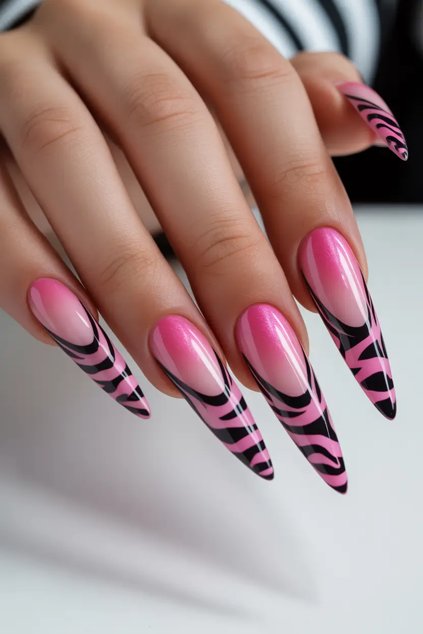 spring stiletto nails 2026 Pink Graphic Stiletto with Zebra-Inspired Lines