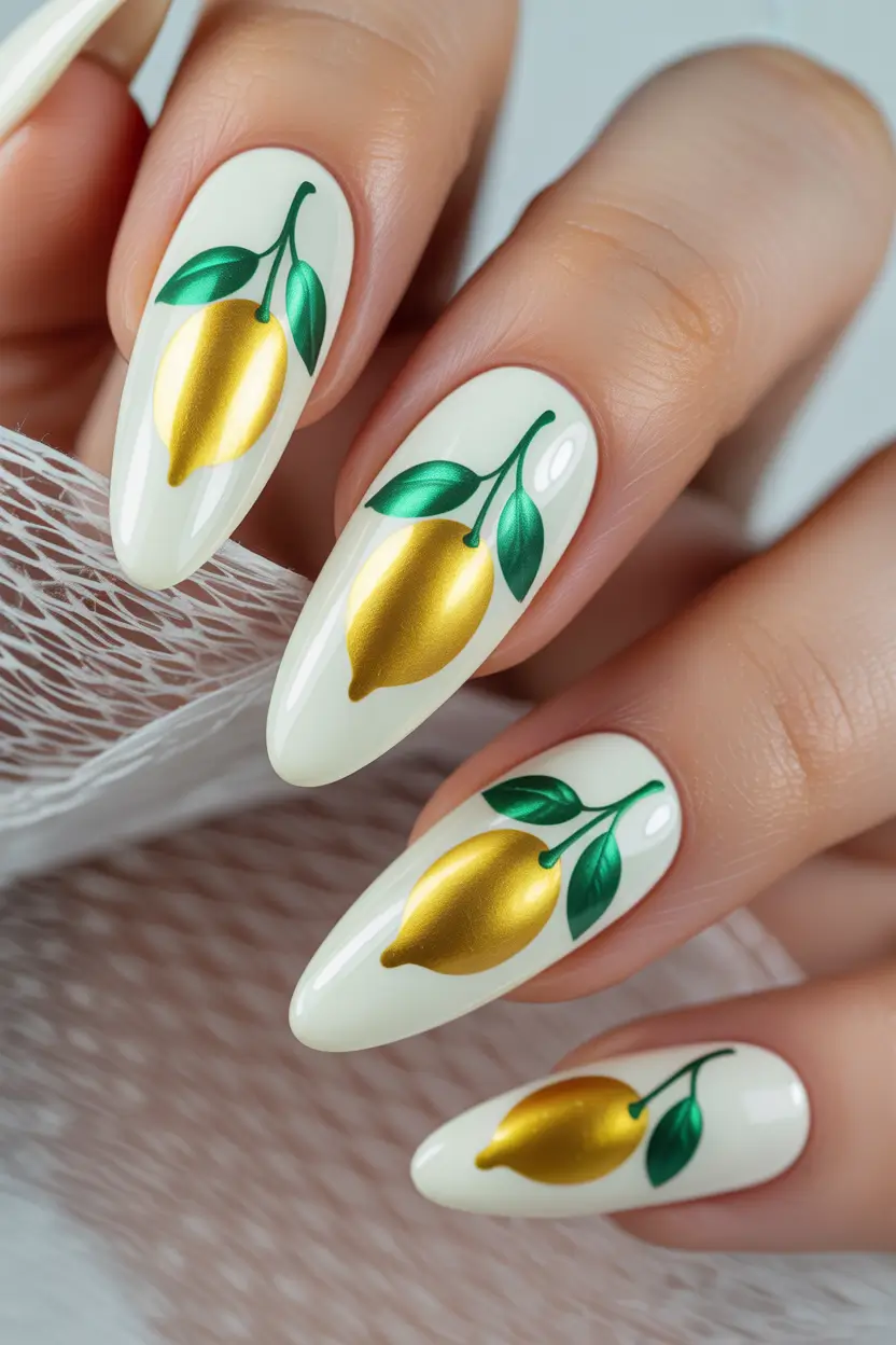 spring stiletto nails 2026 Minimal Lemon Art White