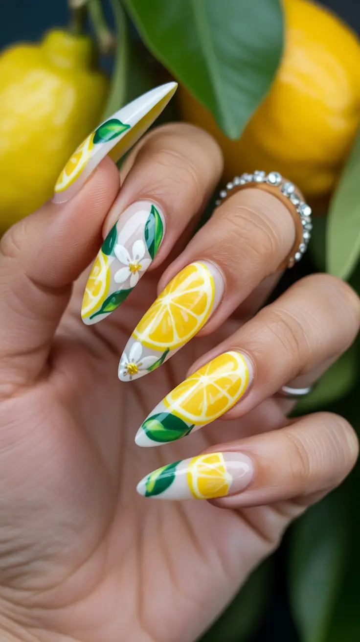 spring stiletto nails 2026 Botanical Lemon Garden Art