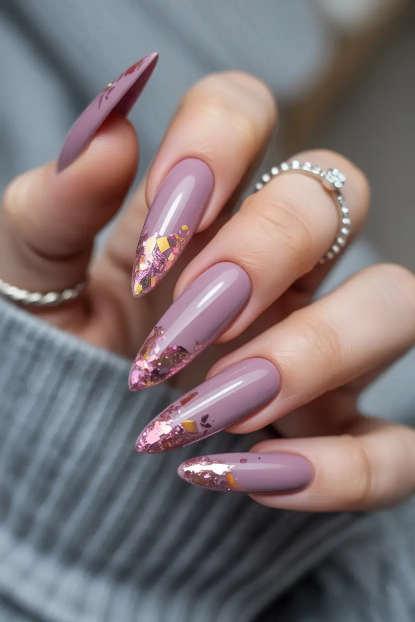 spring stiletto nails 2026 Dusty Mauve Rose Gold Foil