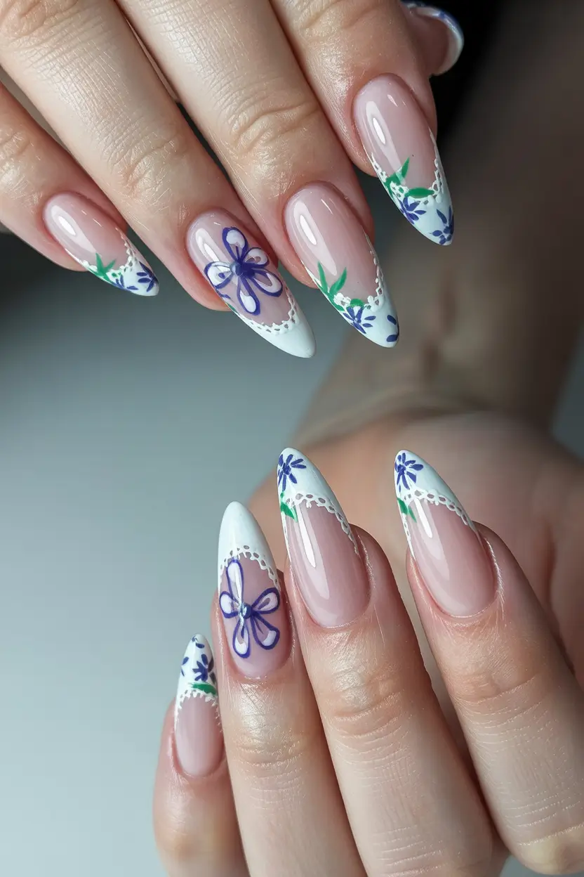 spring stiletto nails 2026 French Floral Blue Green