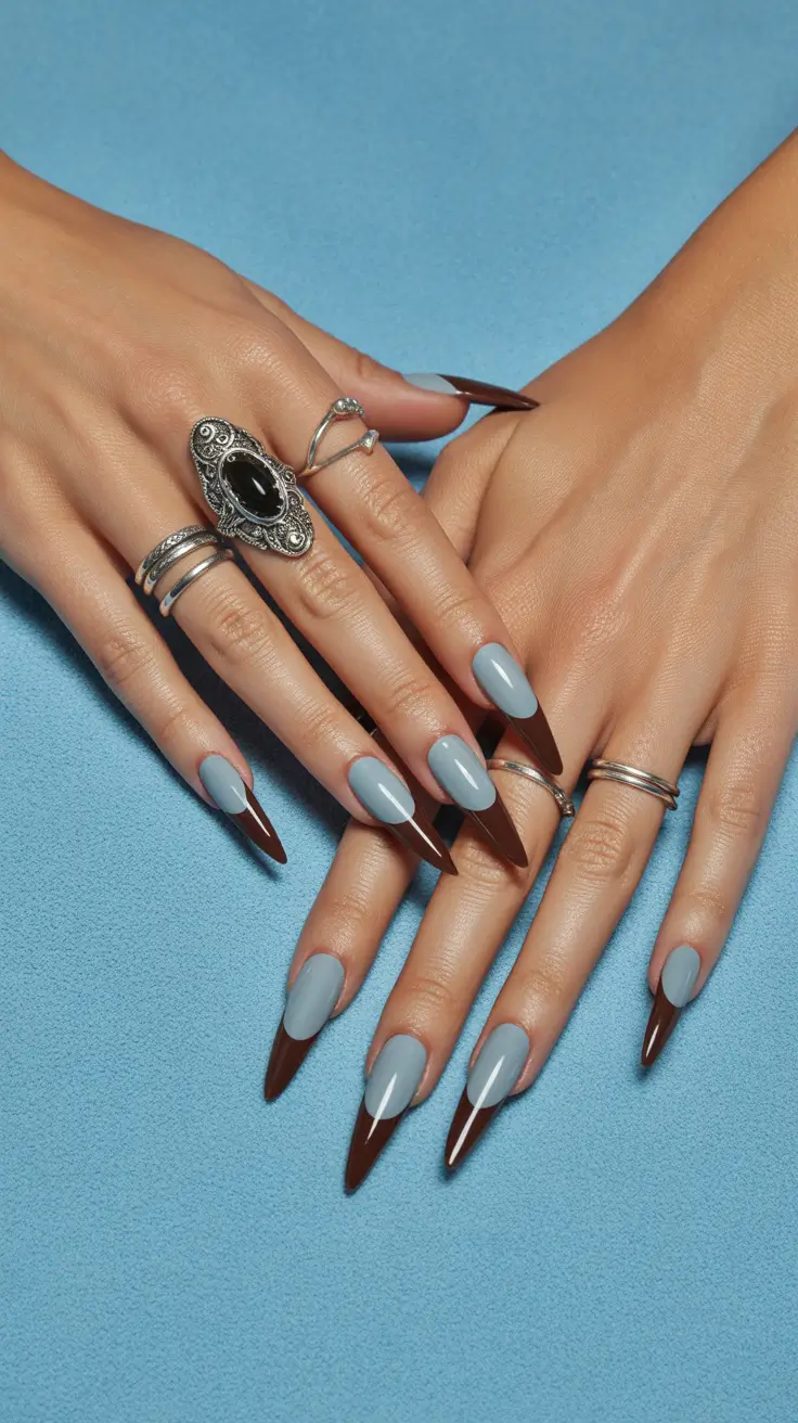 Stylish Spring Stiletto Nails 2026 Blue Brown French