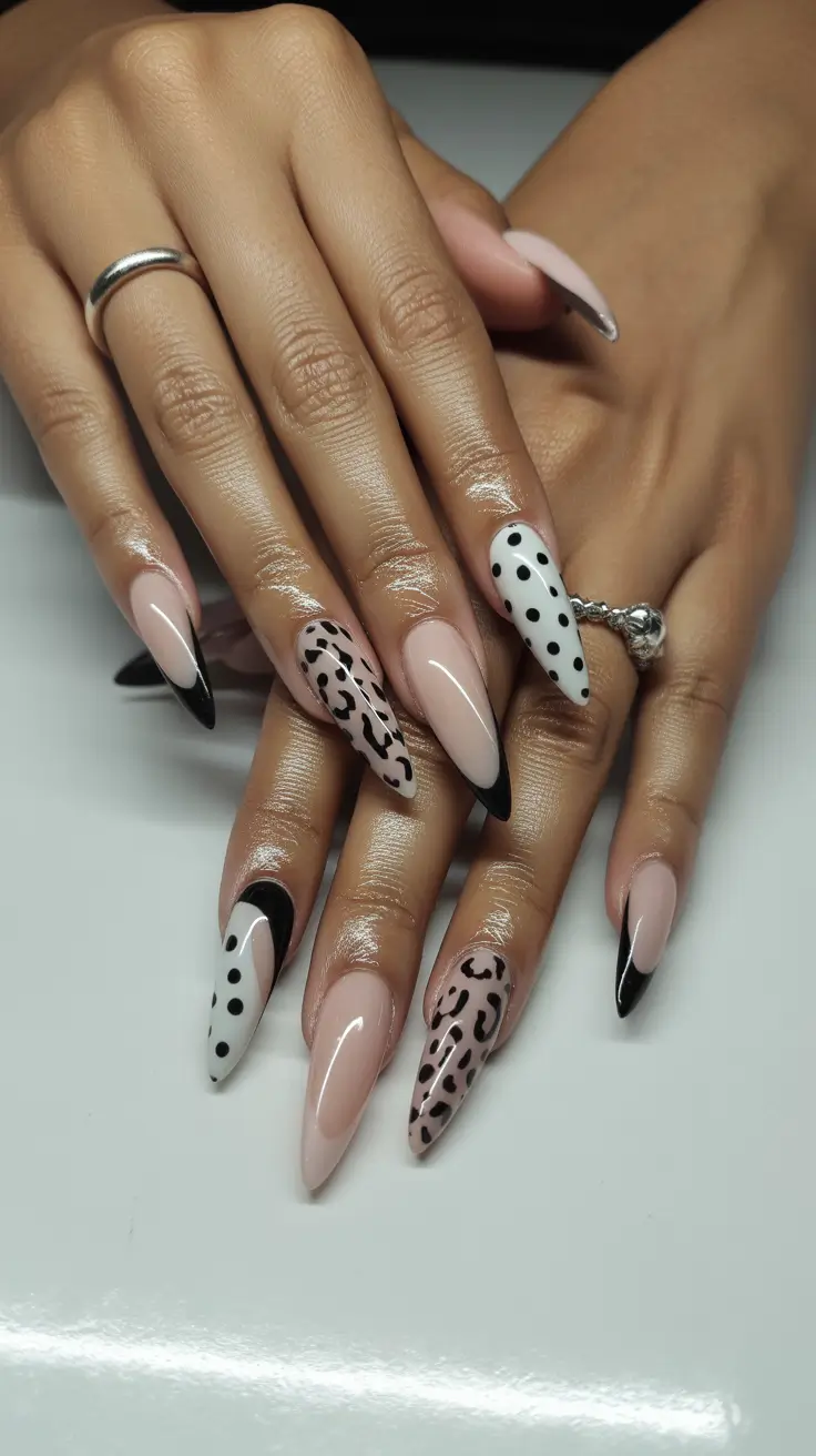 Stylish Spring Stiletto Nails 2026 Nude Leopard French