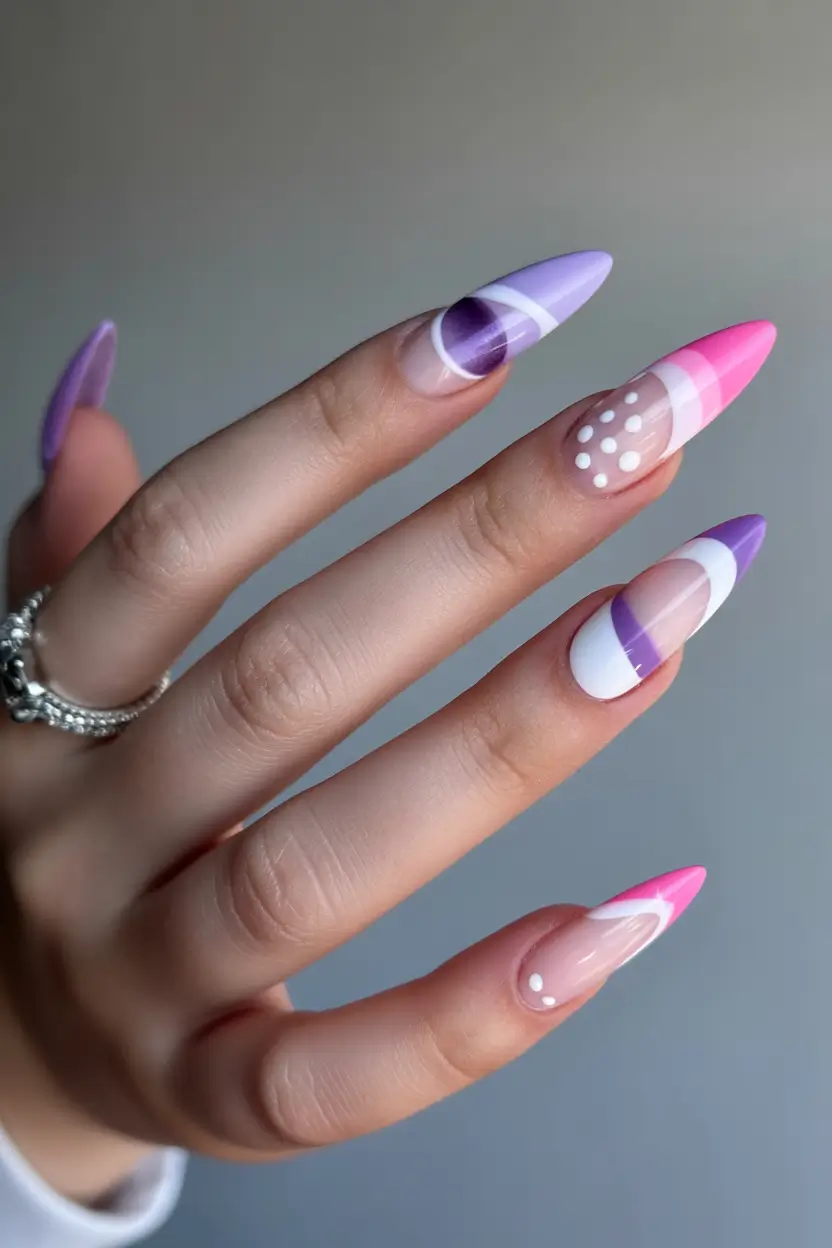 Stylish Spring Stiletto Nails 2026 Pastel French Polka