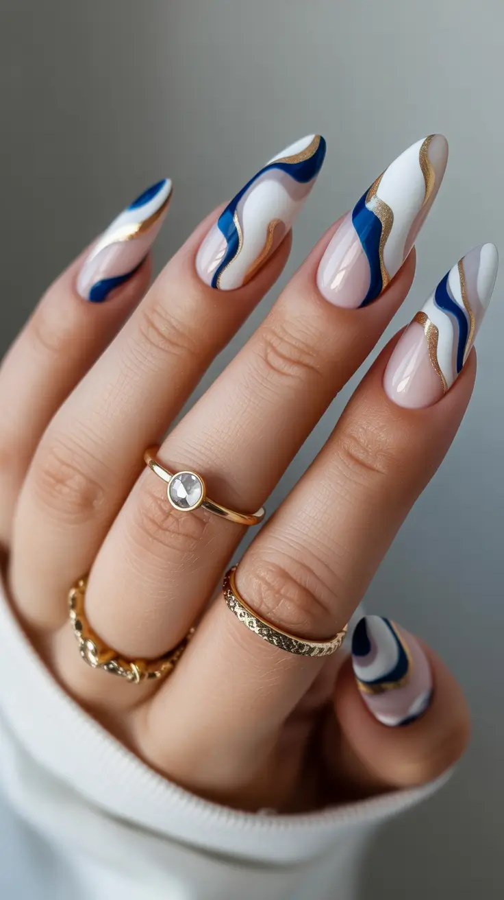 Stylish Spring Stiletto Nails 2026 Blue Gold Marble