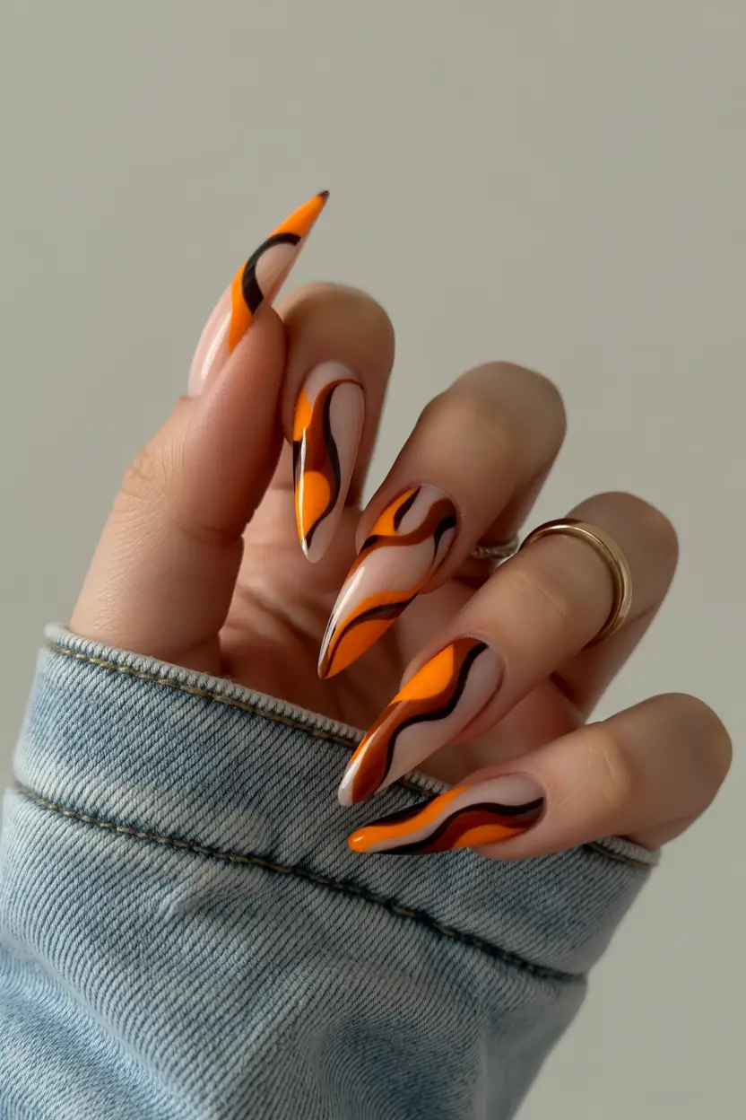 Stylish Spring Stiletto Nails 2026 Orange Swirl