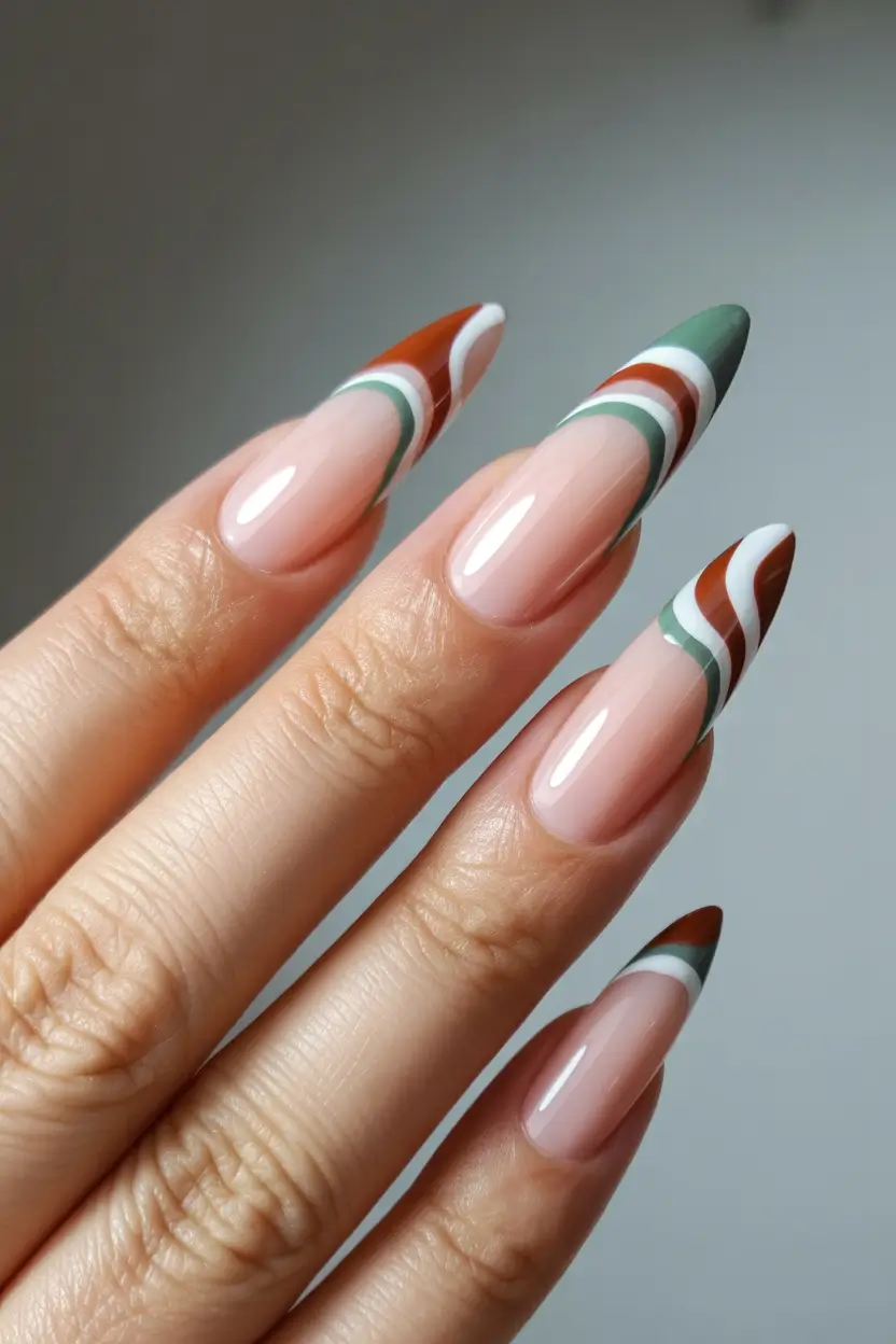 Stylish Spring Stiletto Nails 2026 Green Brown French