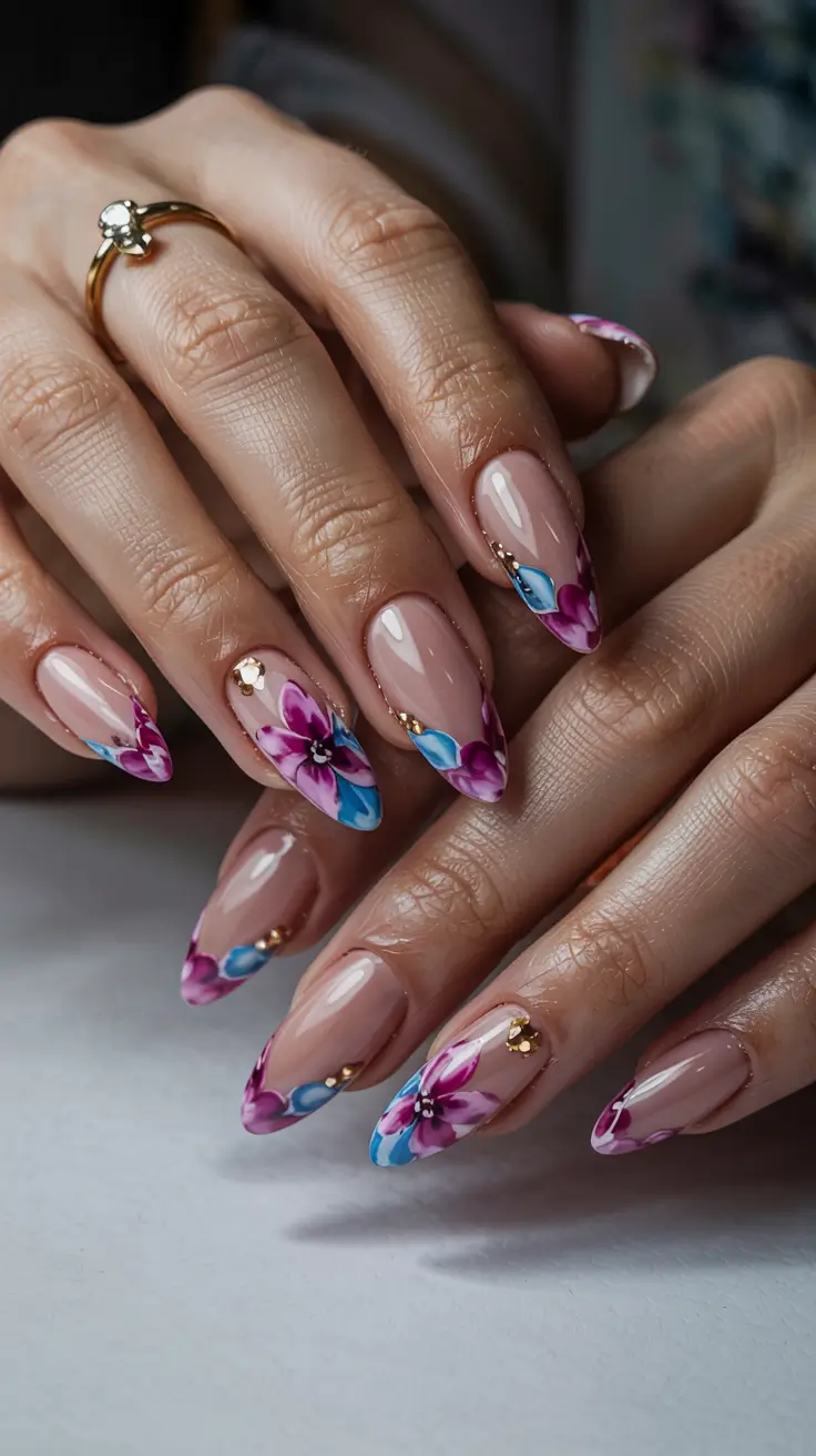 trendy spring nails 2026 Floral Almond Elegance With a Modern Twist