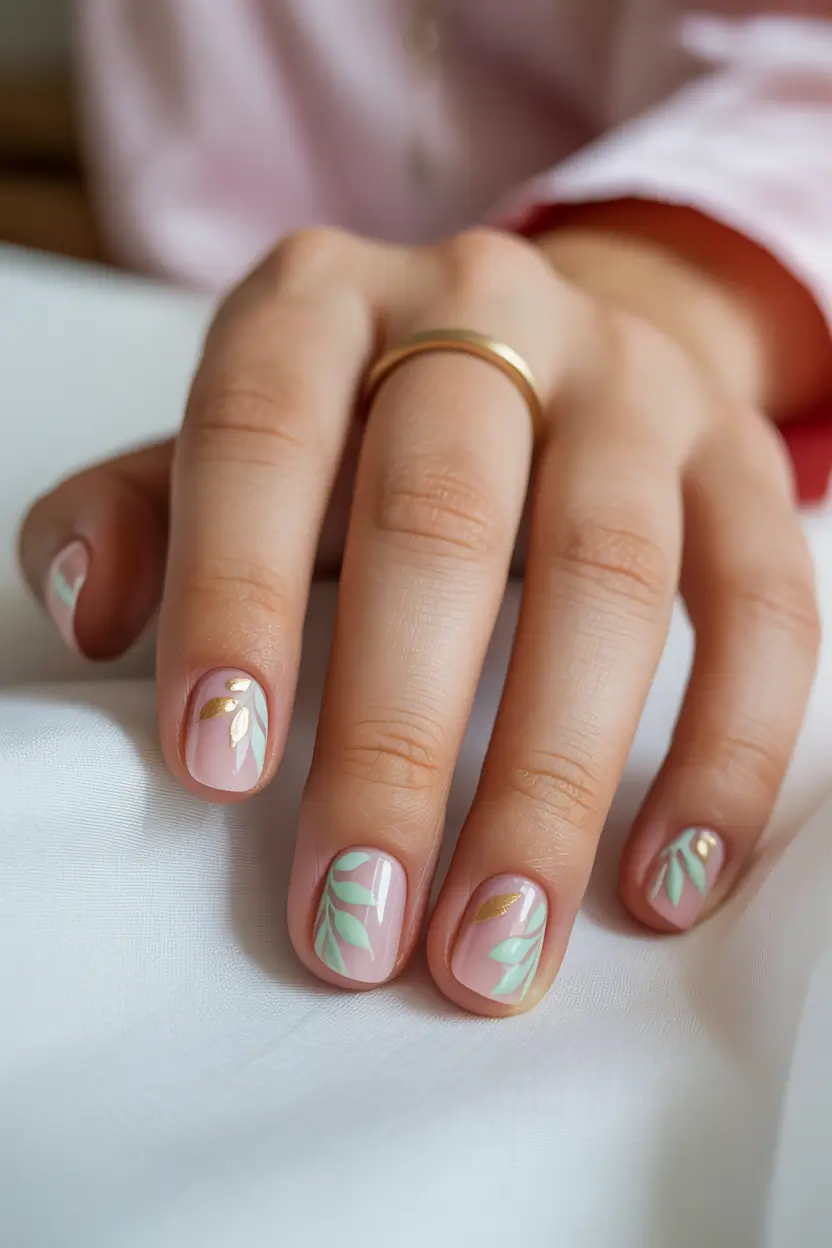 trendy spring nails 2026 Simple Pink Short Nails With Mint Leaf Accents