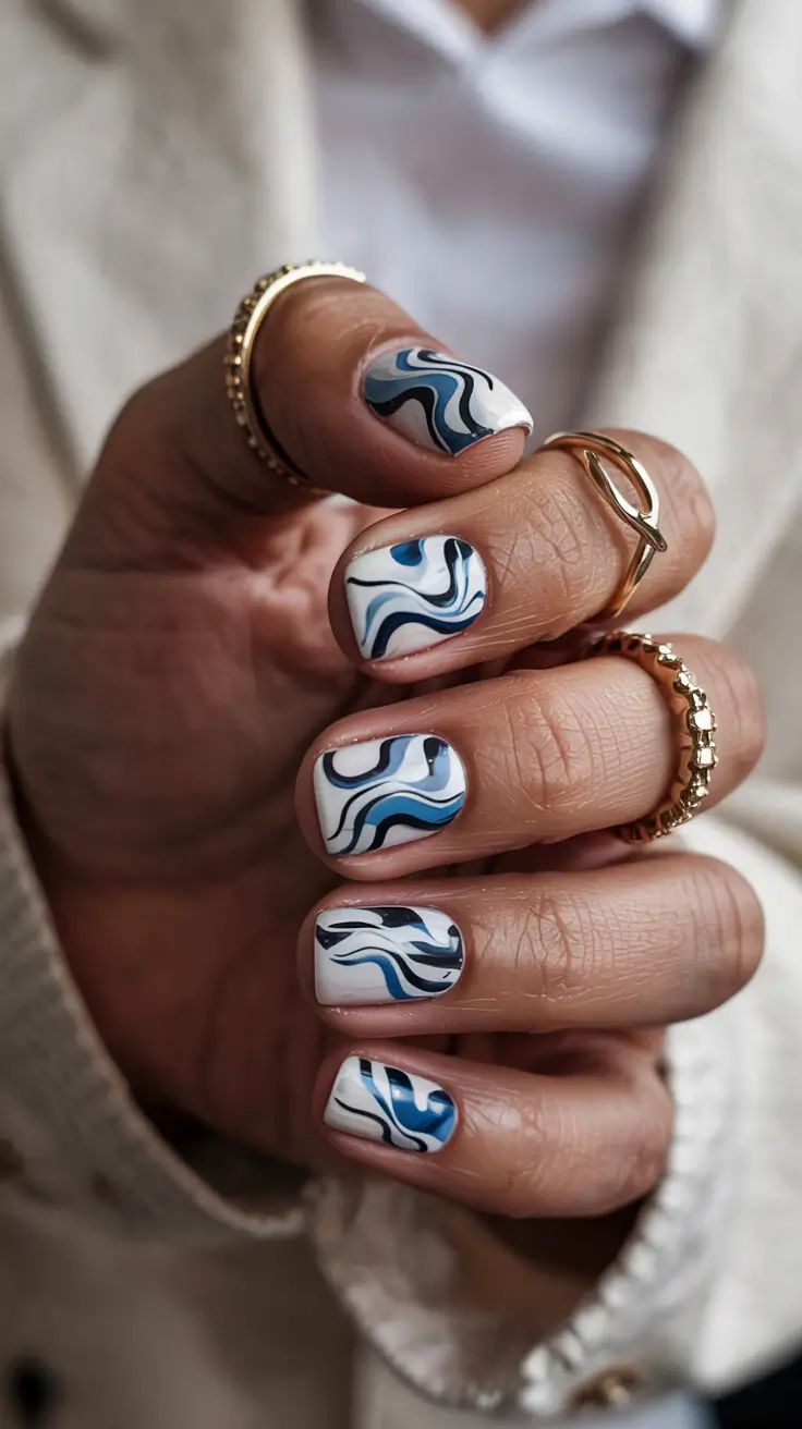 trendy spring nails 2026 Blue Marble Short Square Nails