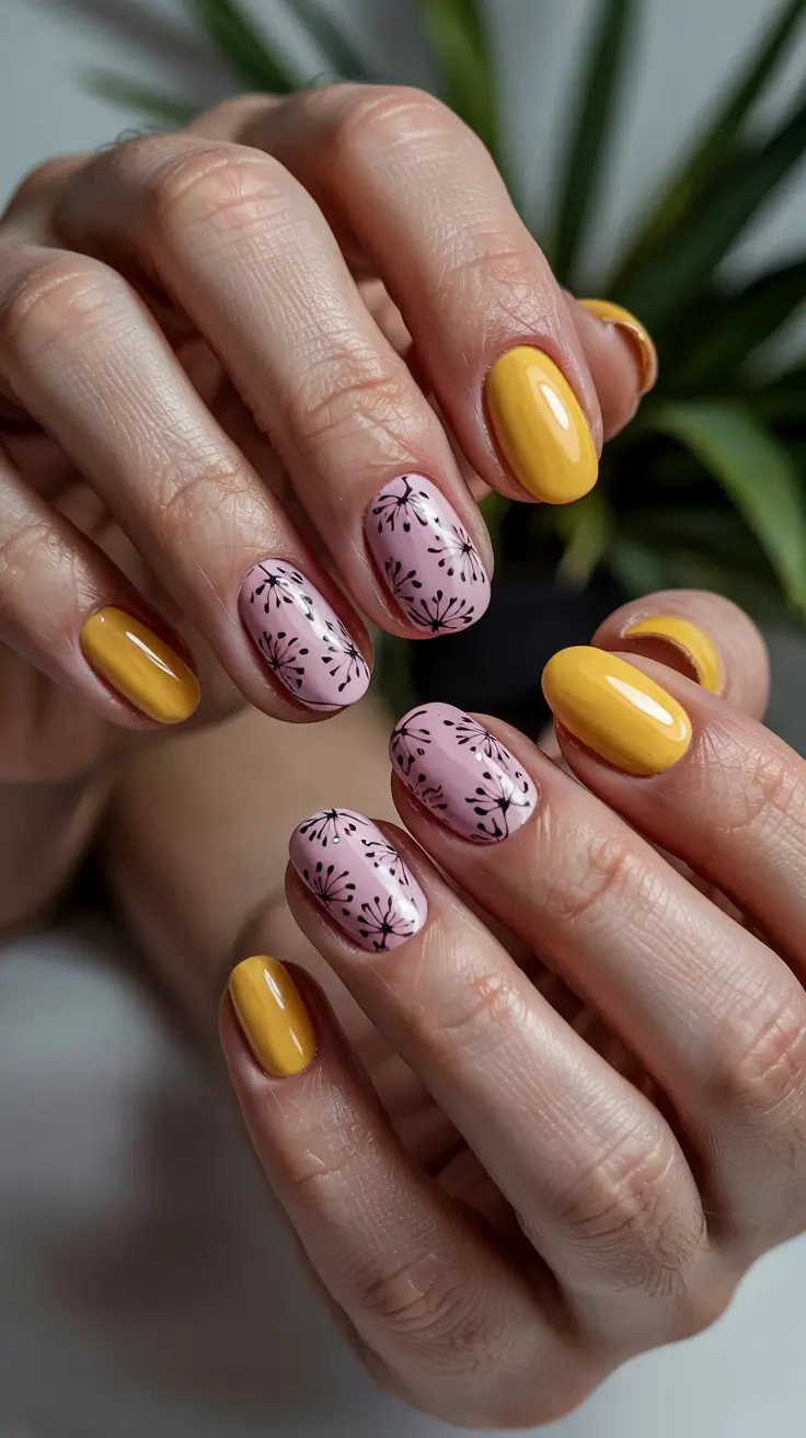 trendy spring nails 2026 Mustard Yellow And Pink Floral Contrast