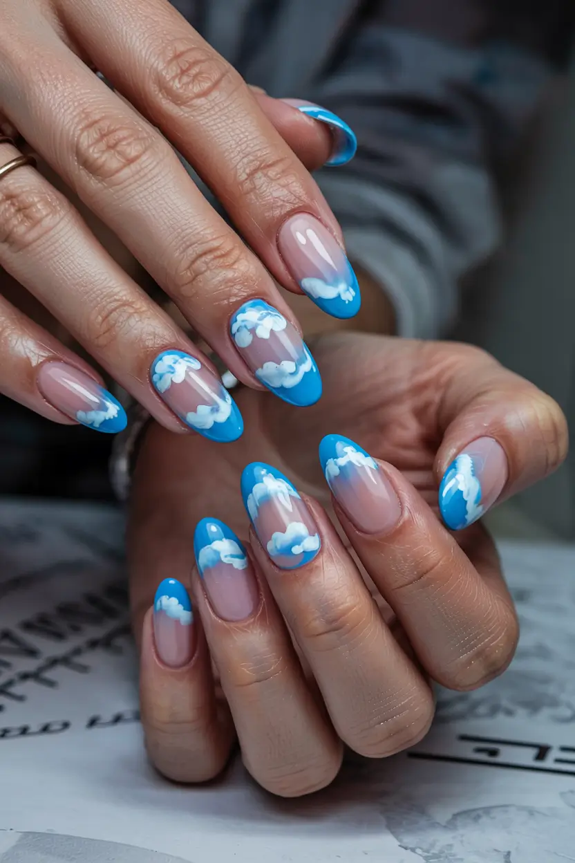 trendy spring nails 2026 Long Almond Blue Sky Cloud Nails
