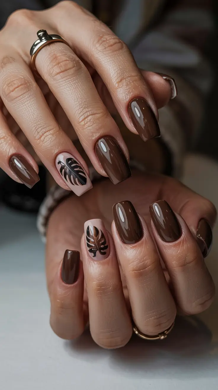 trendy spring nails 2026 Chocolate Gloss with Botanical Accent on Long Square