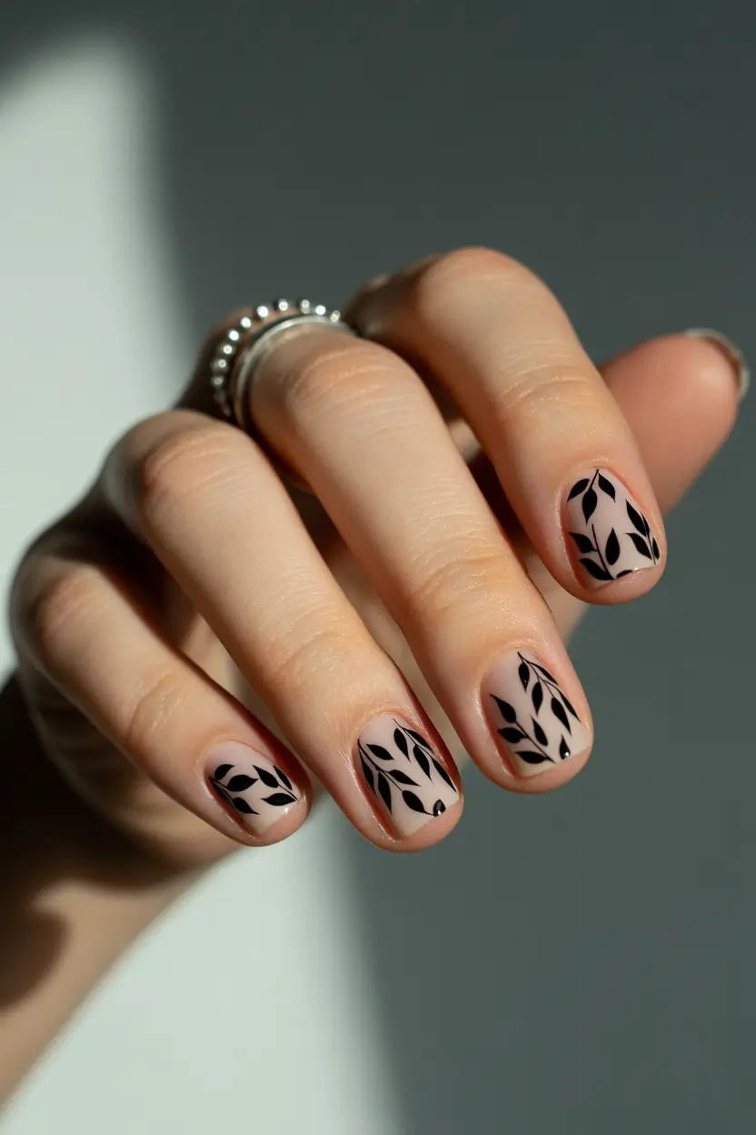 trendy spring nails 2026 Minimal Black Leaf Art on Short Almond