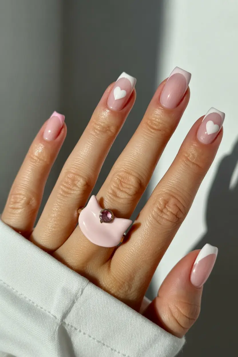 trendy spring nails 2026 Soft Pink French with Heart Detail on Long Square