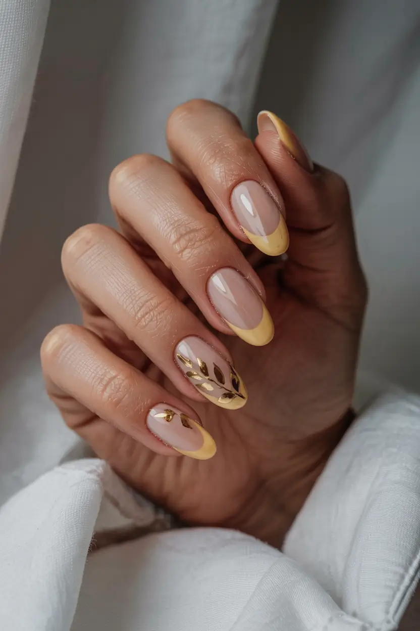 trendy spring nails 2026 Soft Yellow French With Golden Botanical Accents