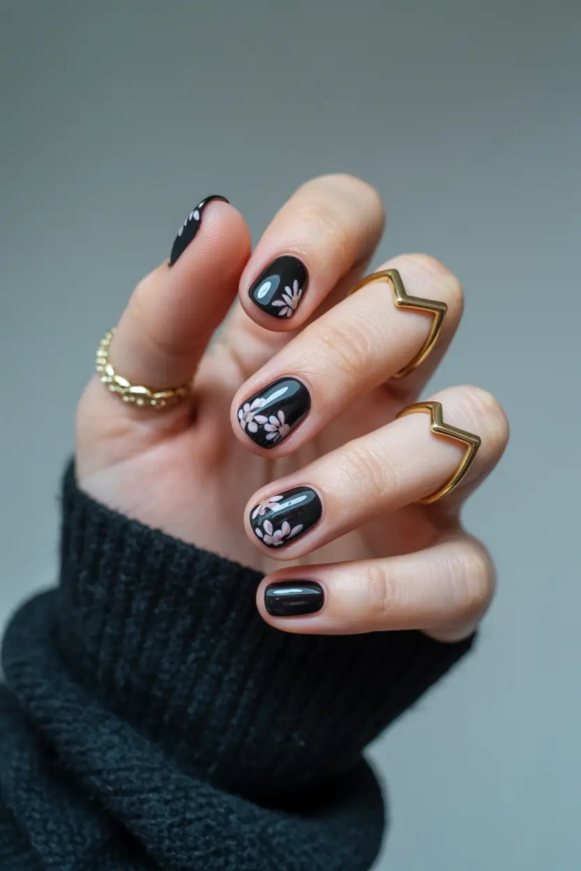 trendy spring nails 2026 Midnight Floral on Short Glossy Nails