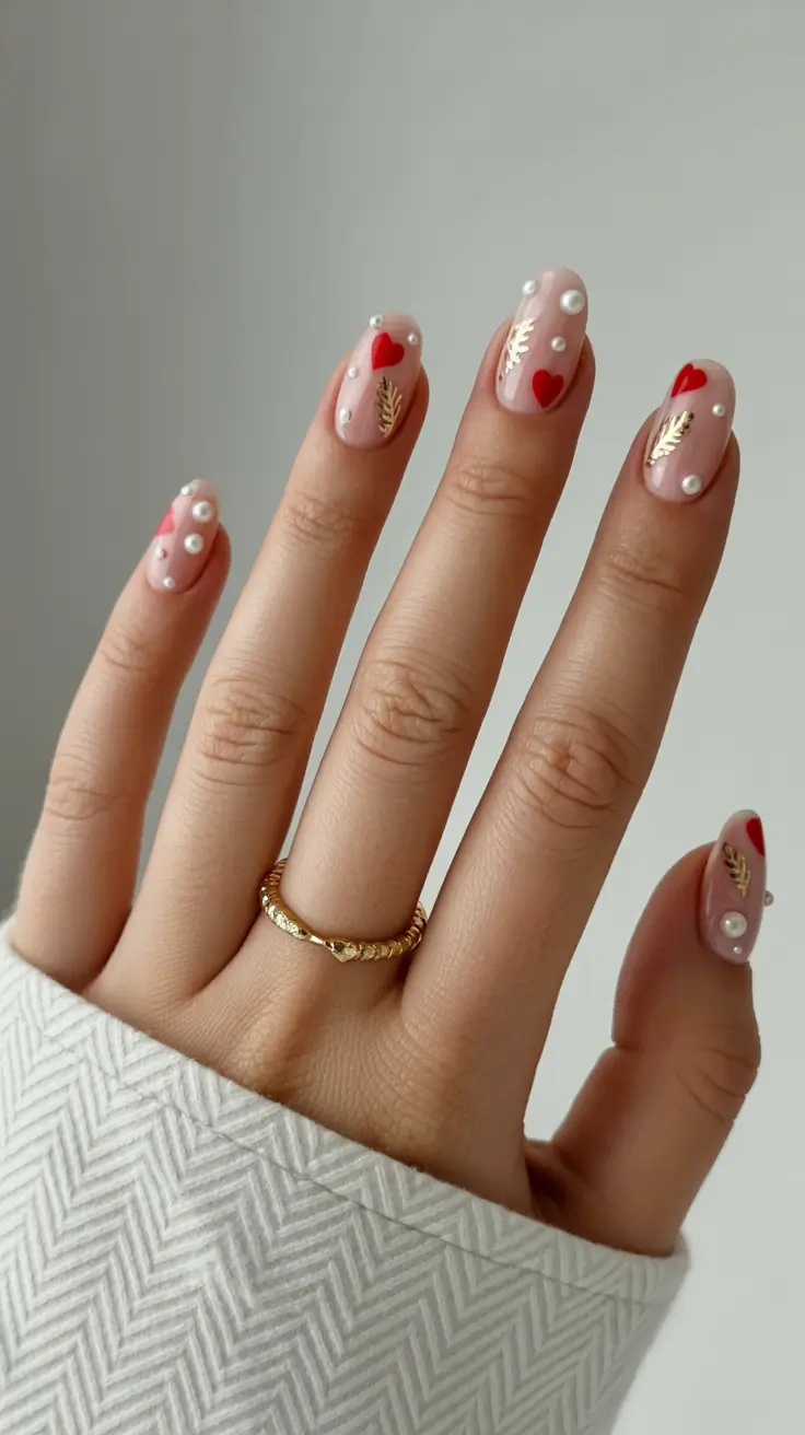 trendy spring nails 2026 Soft Pink with Pearls and Cherry Hearts