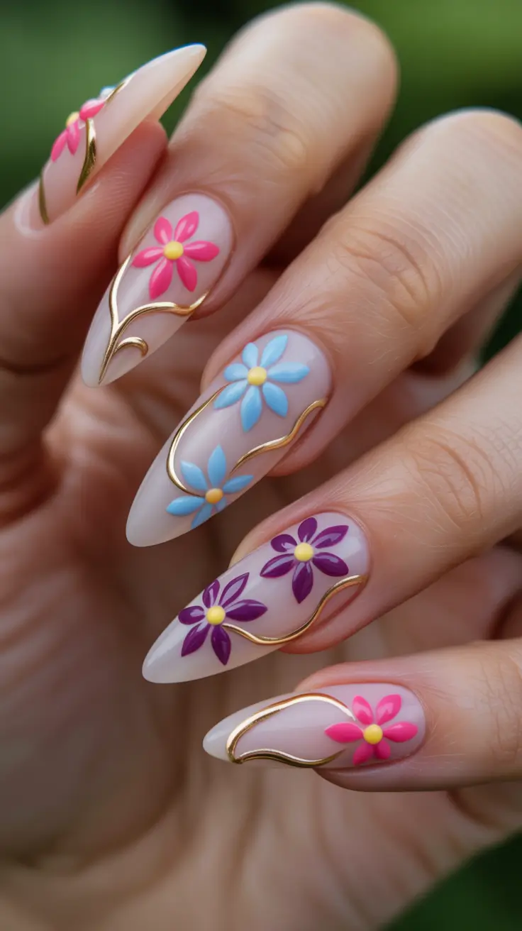 trendy spring nails 2026 Bright Floral Almond with Gold Detailing
