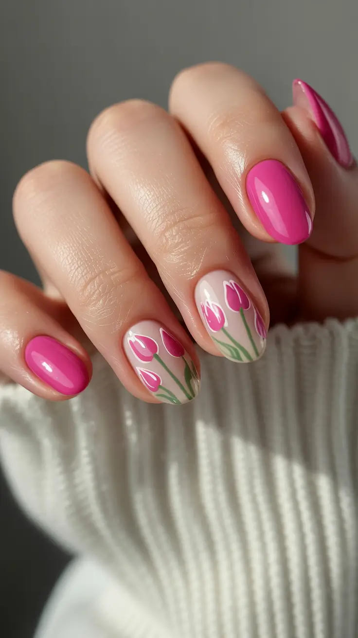 trendy spring nails 2026 Simple Pink Tulip Art on Short Nails