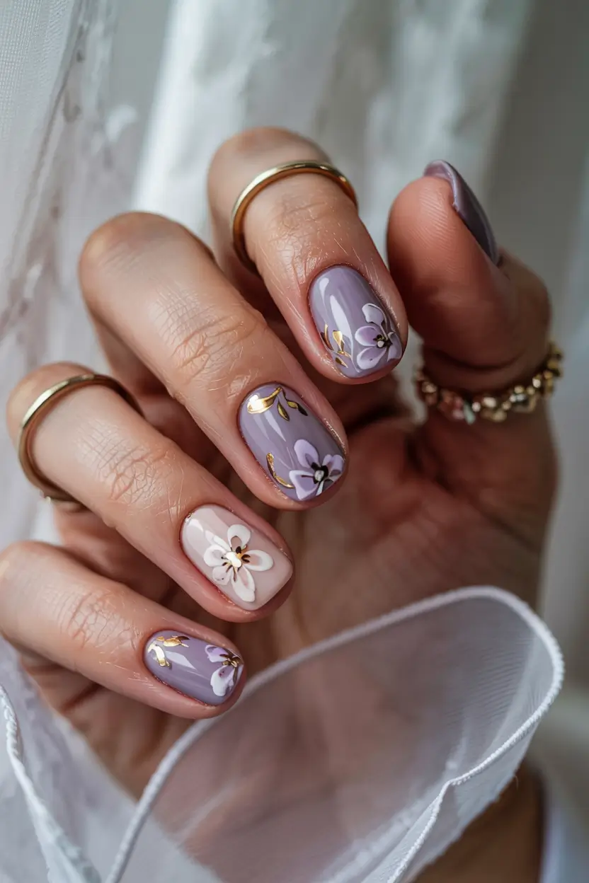 trendy spring nails 2026 Lavender Short Nails With Delicate Gold Detailing