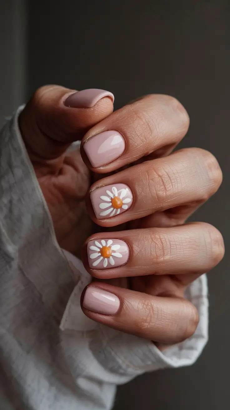 trendy spring nails 2026 Short Pink Daisy Nails For Everyday Brightness