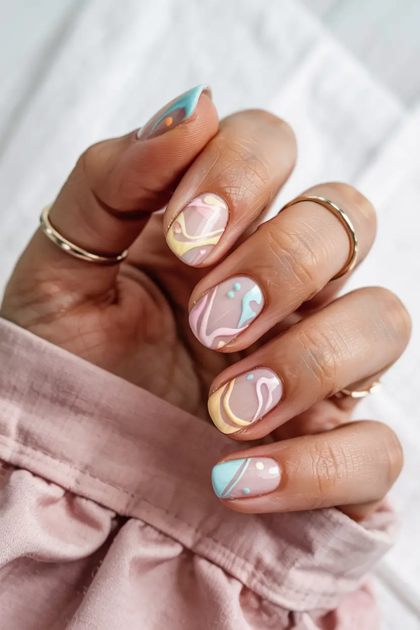 trendy spring nails 2026 Pastel Abstract Short Square Nails