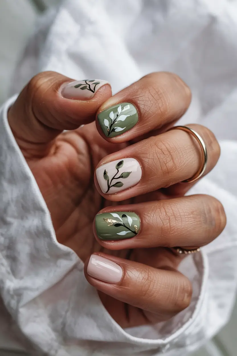 trendy spring nails 2026 Short Green Botanical Gel Nails