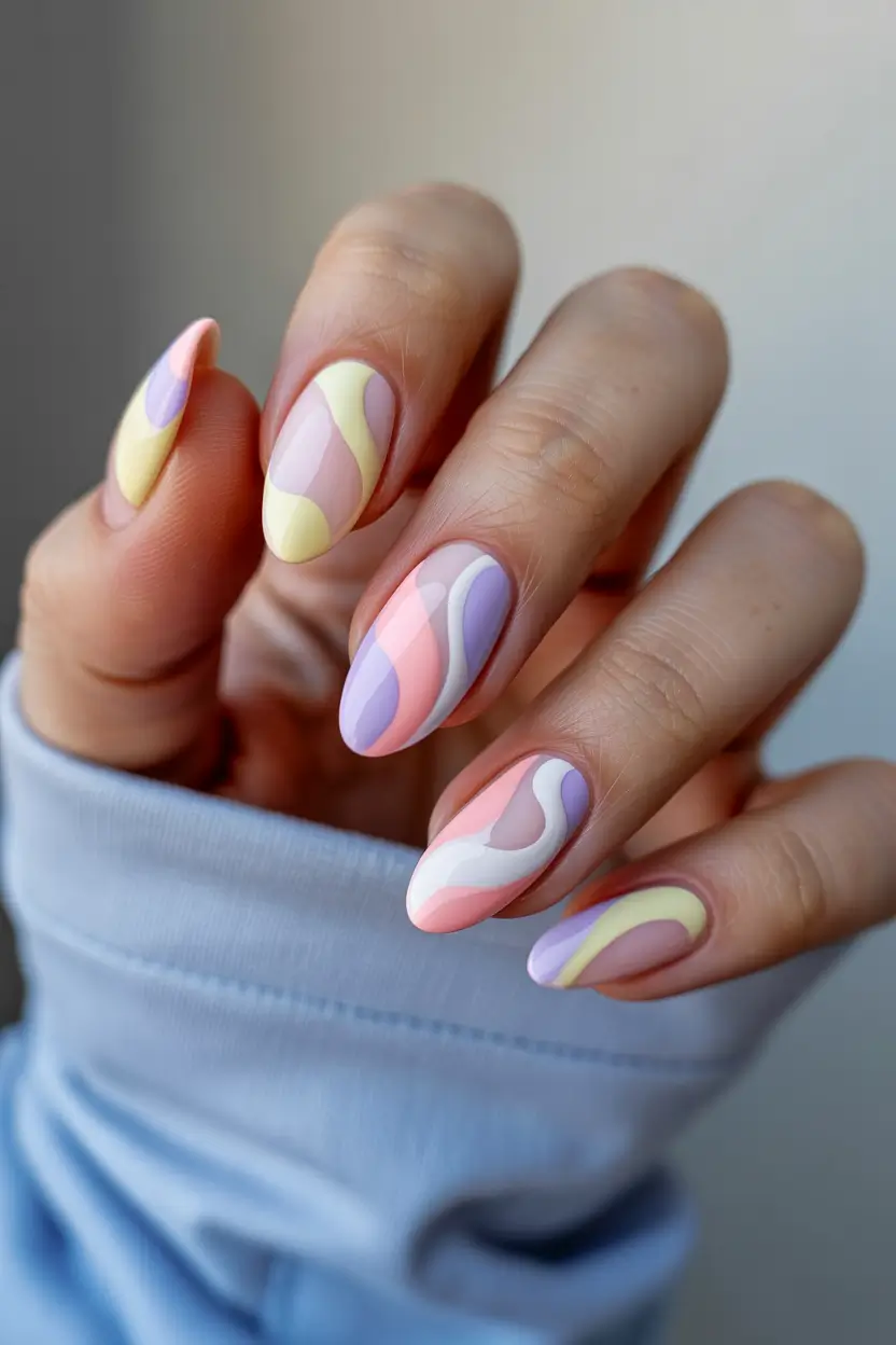trendy spring nails 2026 Long Almond Ombre Pastel Swirls