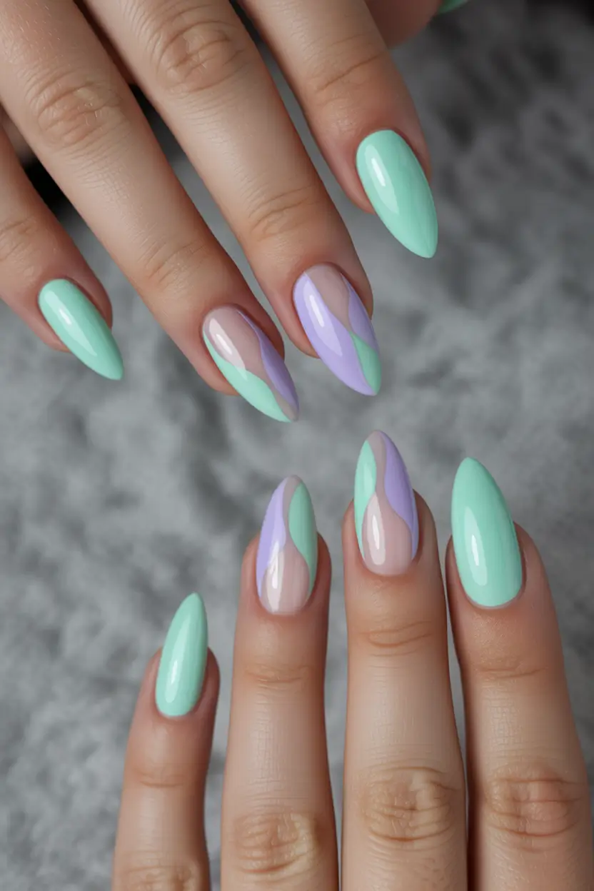 spring nail colors 2026 Mint and Lilac Split Design for Soft Pastel Lovers