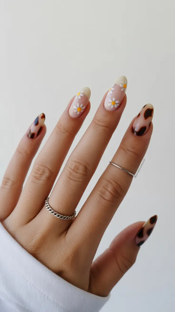 spring nail colors 2026 Daisy French Tips With Soft Animal Accents