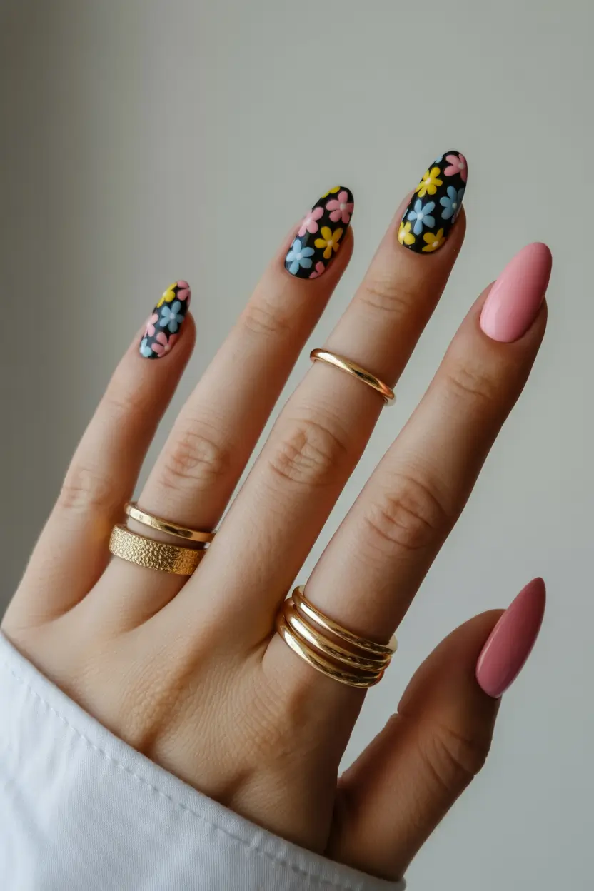 spring nail colors 2026 Black Floral Nails With a Blush Pink Balance